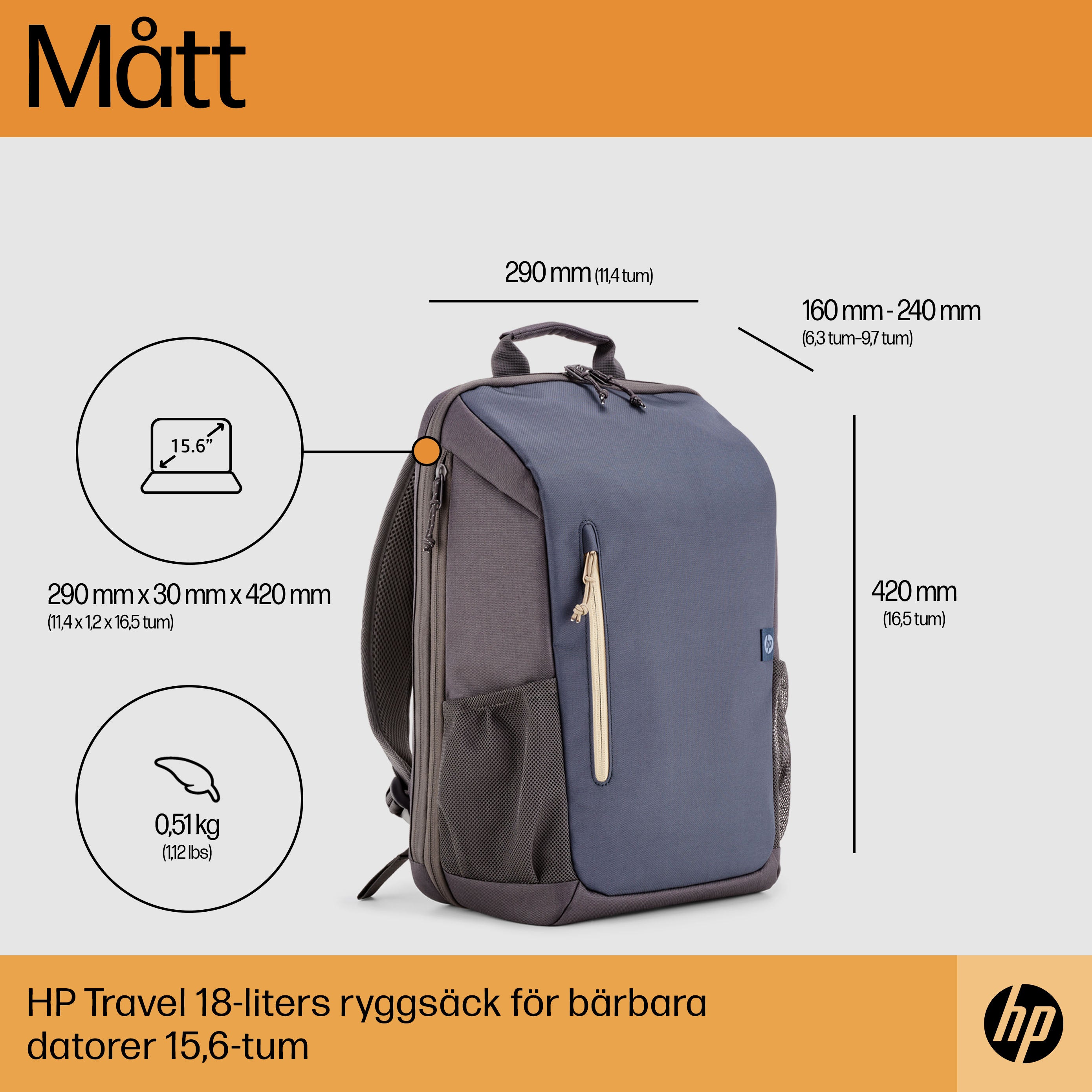 HP Travel 18 liter ryggsäck för 15,6-tums bärbar dator i Blue Night