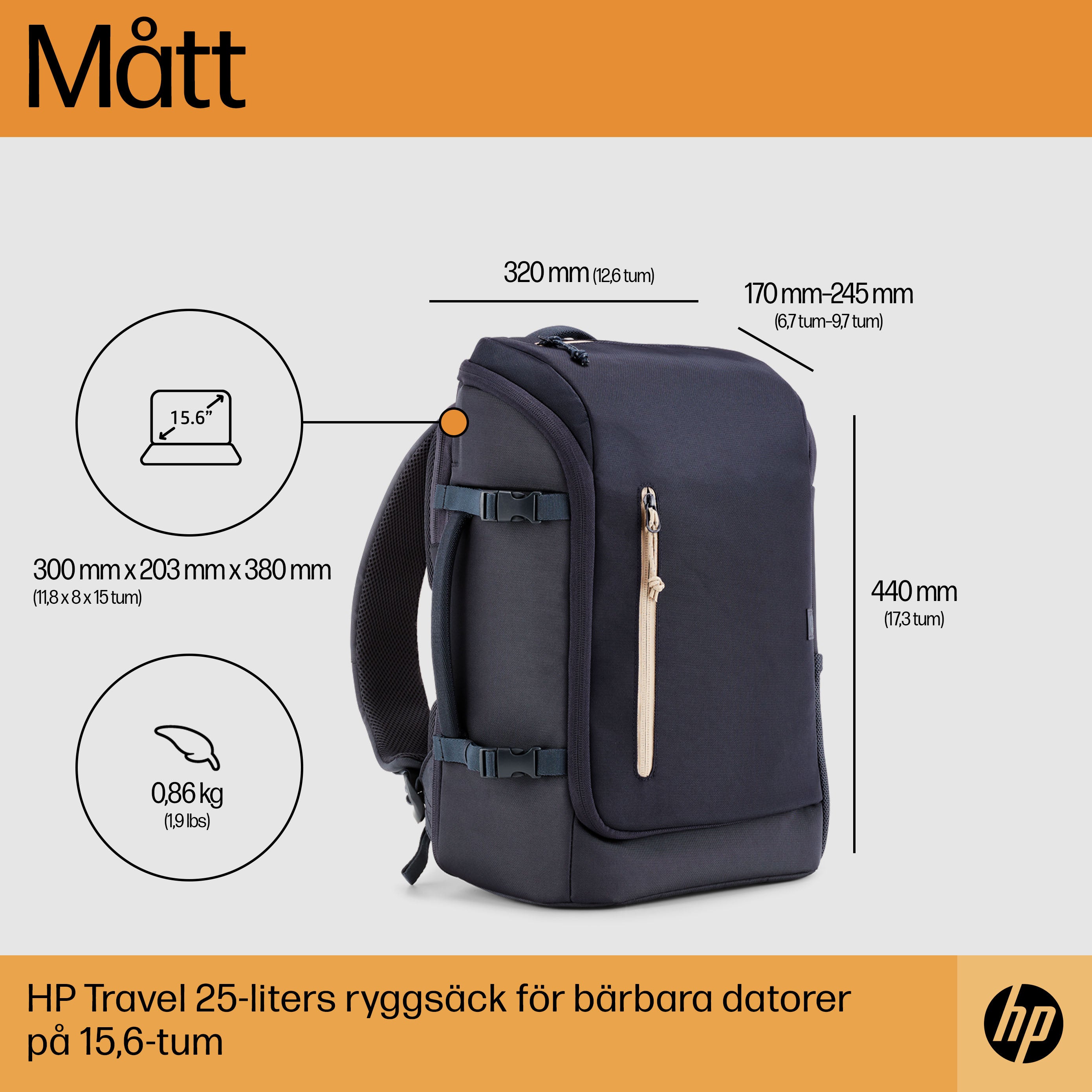 HP Travel 25 liter blå ryggsäck för 15,6 tum bärbar dator